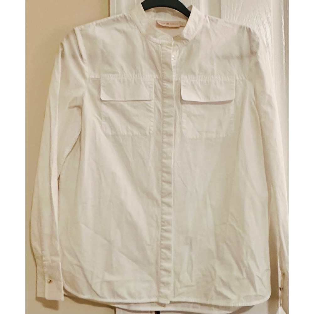 Tory Burch White Cotton Mandarin Collar Button Down Shirt‎ Flap Pockets Size 4